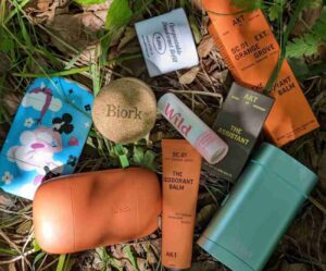 A variety of different vegan natural deodorants on a sun dappled log in a garden setting. The deodorants include a small, pale green metallic rectangular Wild case, a burnt orange coloured tube of AKT natural deodorant, a similar coloured rectangular plastic Fussy deodorant case, the round cork top of a Biork crystal stick, a Fussy refill in a small white cardboard container.