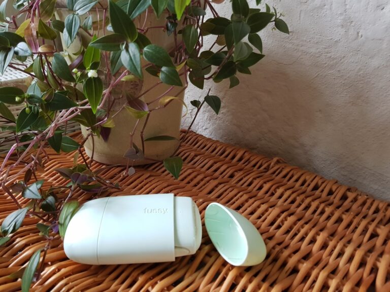 Pale green plastic Fussy deodorant case with lid off, on a wicker basket in front of a plant