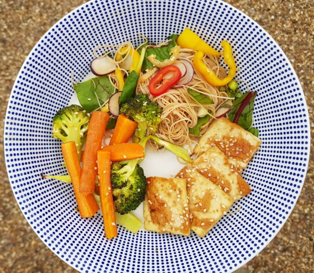 Bowl of Roasted Tofu and Vegetables with Sesame Noodles