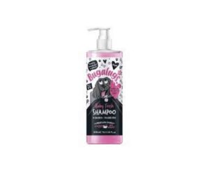 clear cylindrical plastic bottle with a white pump button on top. the contents of the bottle is a pink liquid vegan dog shampoo. There is a black label on the bottle with white print showing the brand name - Bugalugs - and the contents