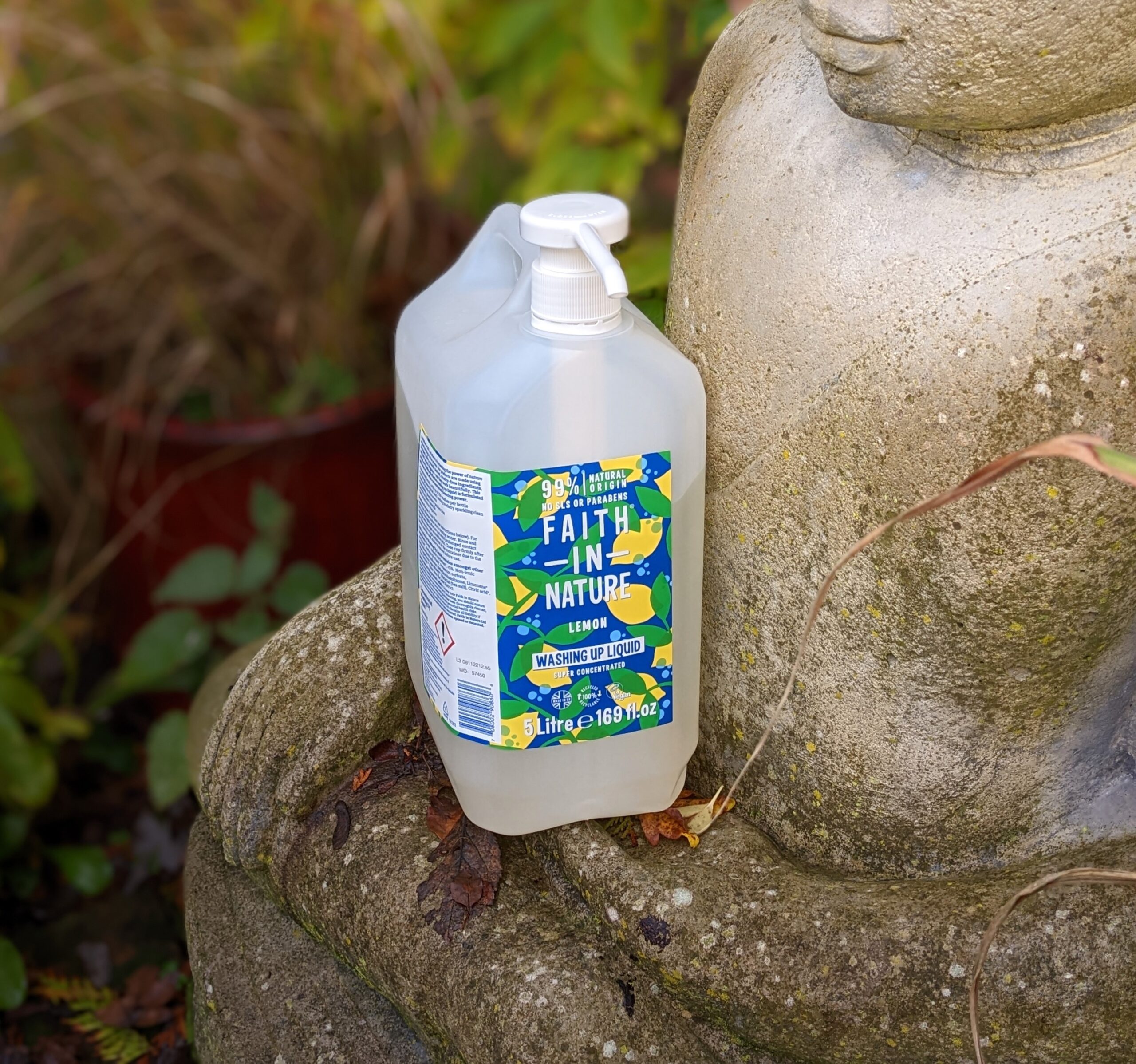 5 litre plastic bottle of Faith in Nature Vegan washing up liquid sitting on a statue of Buddha