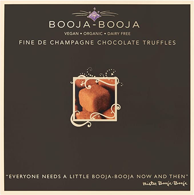 Brown box of Booja Booja vegan and organic fine-de-champagne chocolate truffles