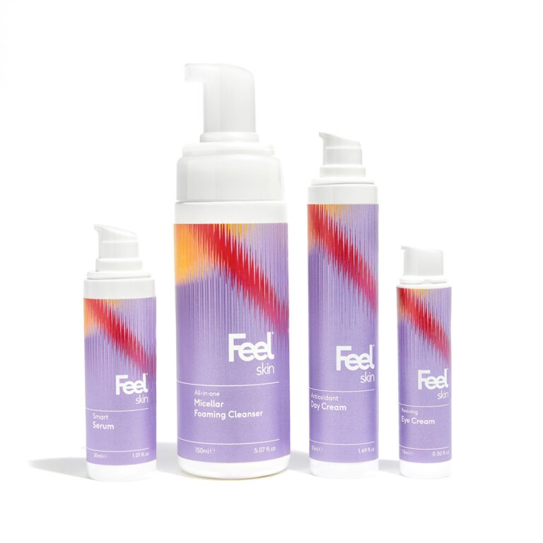 4 bottles of Feel skincare products including foamwash, eye cream, serum and moisturiser to demonstrate the products for this Feel Skincare Review