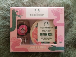 Pink gift box from the Body Shop containing British Rose shower gel and body butter