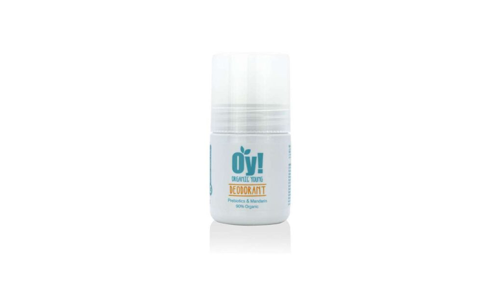 A white plastic bottle of 'Oy!' organic 'young' deodorant