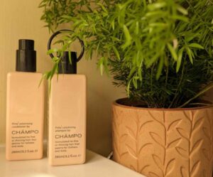 cream coloured Champo plastic shampoo and conditioner bottles on a white basin next to a fern plant