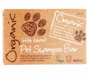 Rectangular small brown Cardboard box packaging containing a bar of organic little beast pet shampoo made by the Little Soap Company
